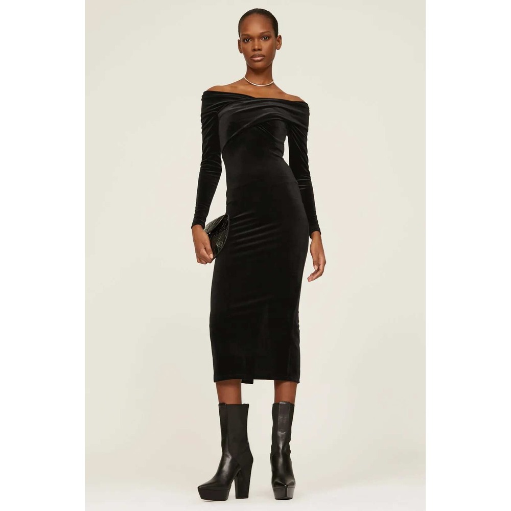 ALLSAINTS Black Velvet Off Shoulder Long Sleeve Midi Dress Size UK 12 US 8